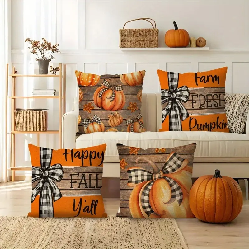 Set of 4 Decorative Pillow Covers Featuring a Fall Pumpkin Design, Made from Double-Sided Printed Polyester with a Zipper Closure, Suitable for Enhancing The Decor of Your Living Room, Bedroom, And Sofa (Pillow Inserts Not Included)