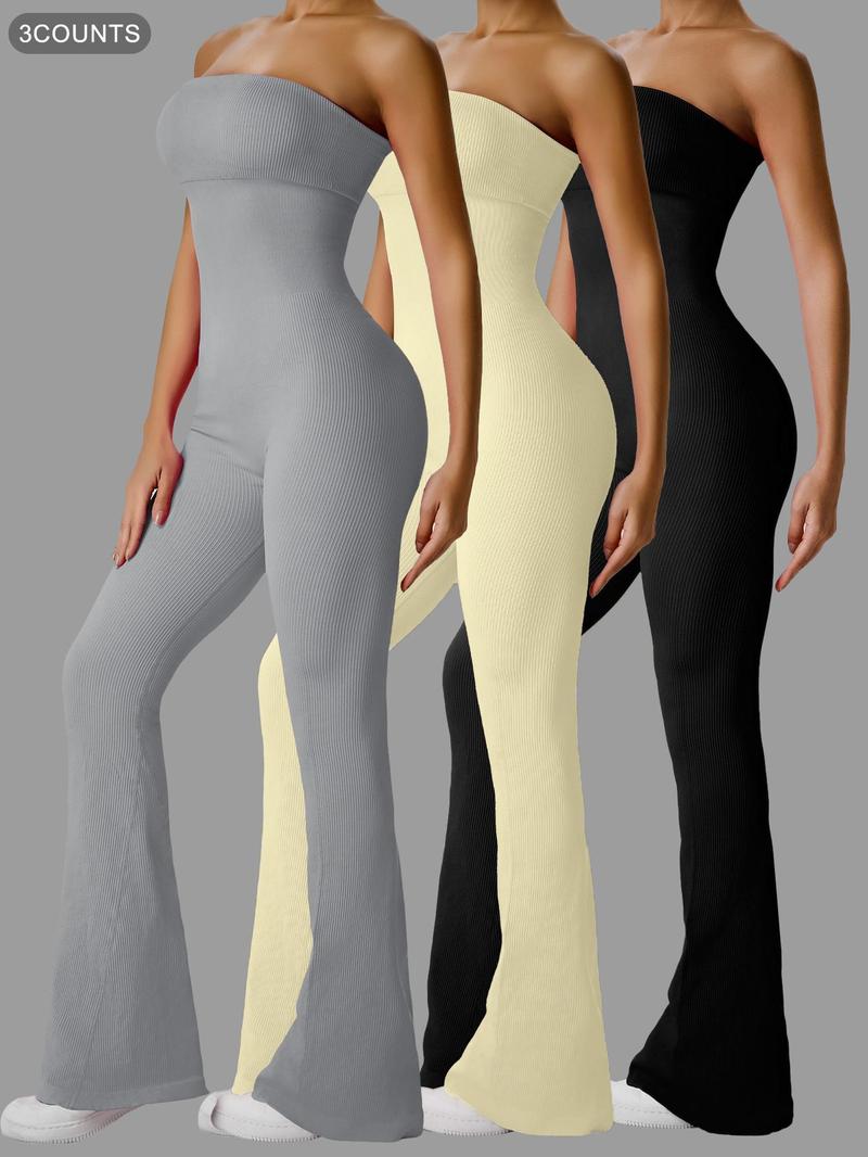 Women's Sexy Yoga Ribbed One Piece Tube Jumpsuit Rompers Flared Trousers Tights Push-up Sports Bodysuit Women Fitness Suit Workout Sportswear Gym Sportswear Jumpsuits