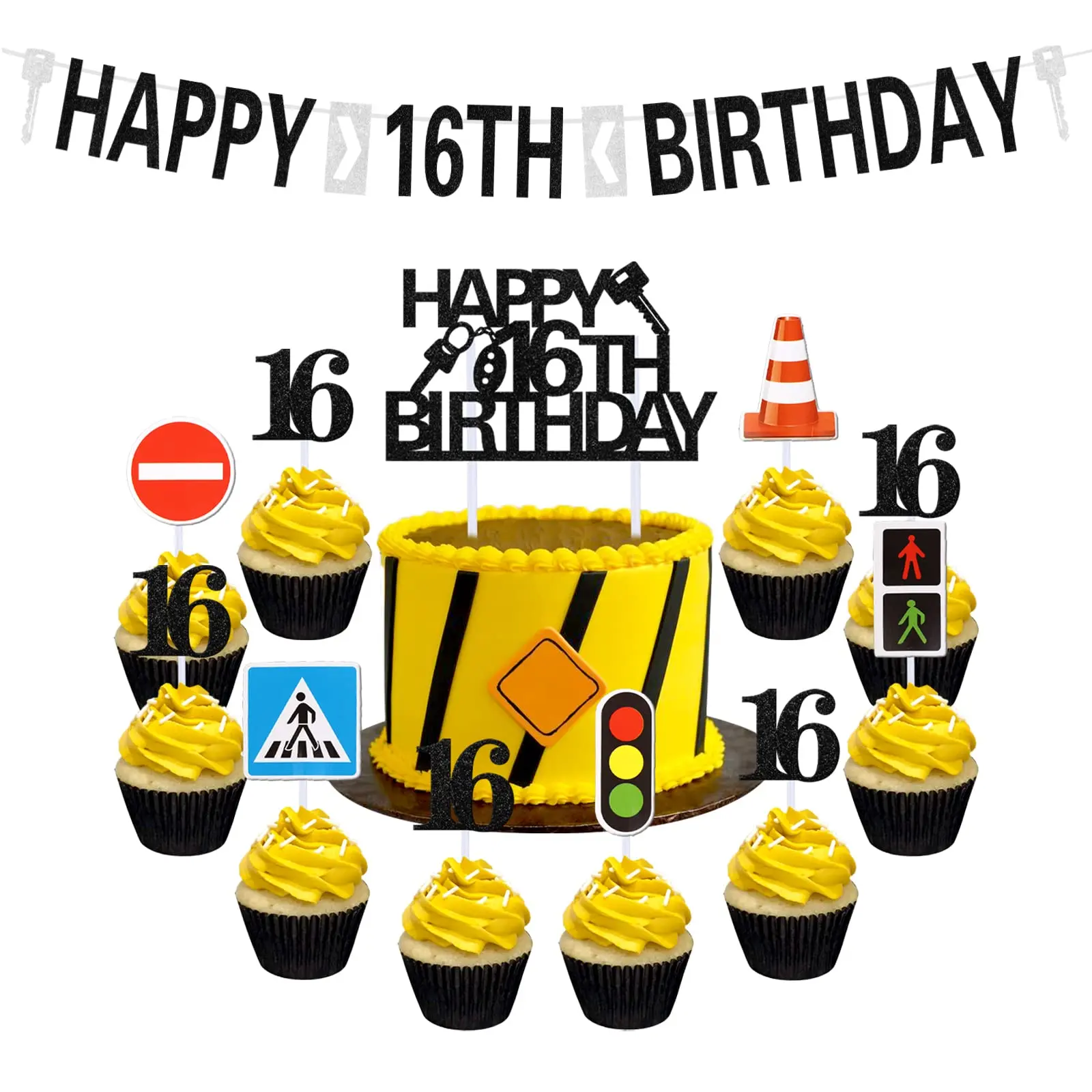 1Set Driver License Birthday Party Decorations for 16 boys Driver License Party Decorations Transportation Birthday Party Supplies Traffic Light 16 Cake Toppers