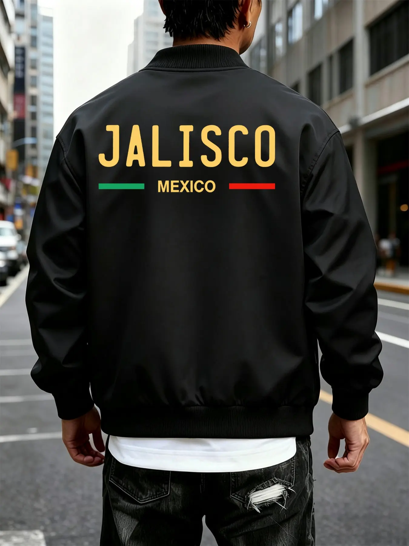 Men's Mexican Flag Stripe Print Baseball Jacket, Loose Oversize Drop Shoulder, Smooth Windproof Fabric, American Latin Retro Style, Versatile Flight Coat