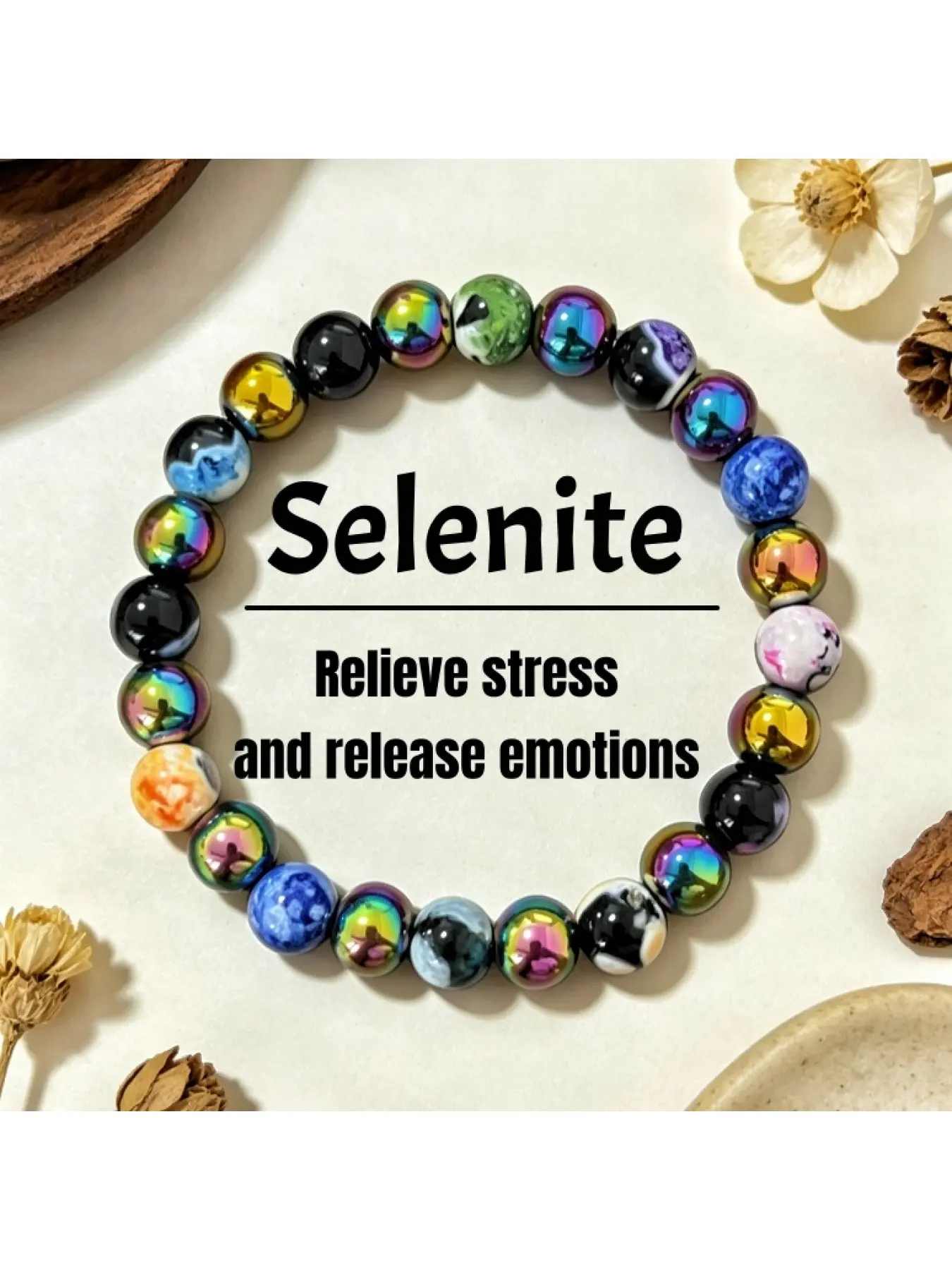 Selenite Crystal Magnetic Therapy Bracelet Crystal Beaded Rainbow Hematite Beads Stress Relief Healing Jewelry for Women Men Anniversary Gift Halloween Christmas
