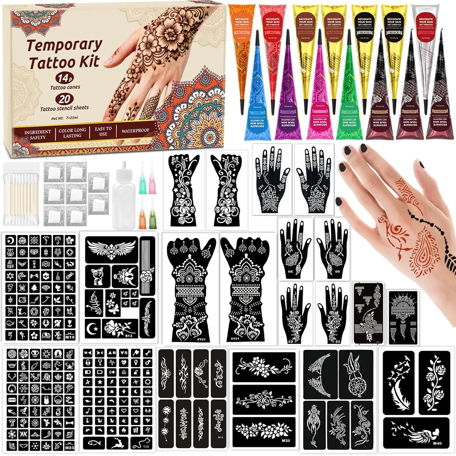 Temporary Body Art Tattoo Kit - 20 Reusable Stencils, 14p-10 Colors Tattoo Cones, Mixing Bottles, Cotton Swabs, Gloves - DIY Skin Art Set for Festivals, Parties