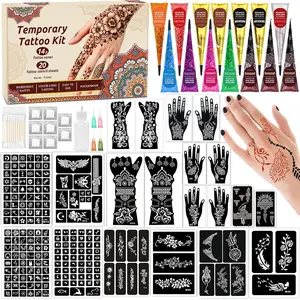 Temporary Body Art Tattoo Kit with 20 Reusable Stencils, 14 Tattoo Cones in 10 Colors, Mixing Bottles, Cotton Swabs & Gloves, DIY Skin Art Set for Festivals, Parties & Creative Makeup