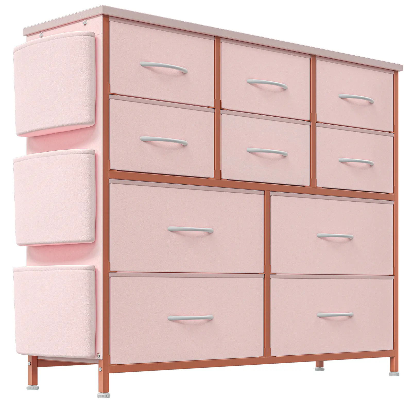10-Drawer Fabric Dresser Chest – Sturdy Metal Frame, Wood Top, Side Pockets & Hooks – Large Storage Cabinet for Bedroom, Closet, Nursery, Entryway – Pink & Rustic Brown