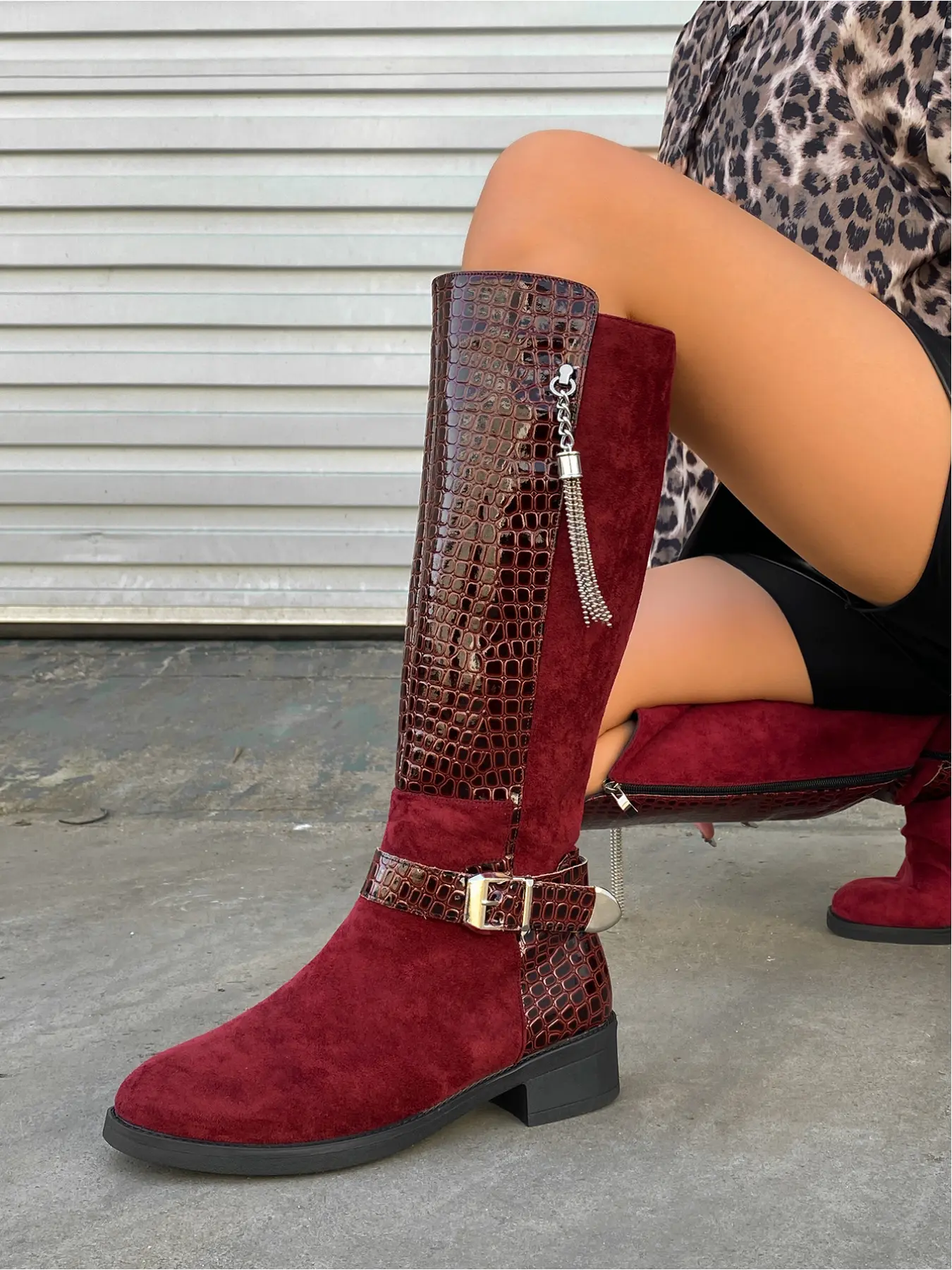Women's faux suede crocodile-embossed patchwork knee-high boots with metal buckle straps, rhinestone tassels, side zipper, round toe, and low chunky heel Y2K hot girl nightclub party outfit