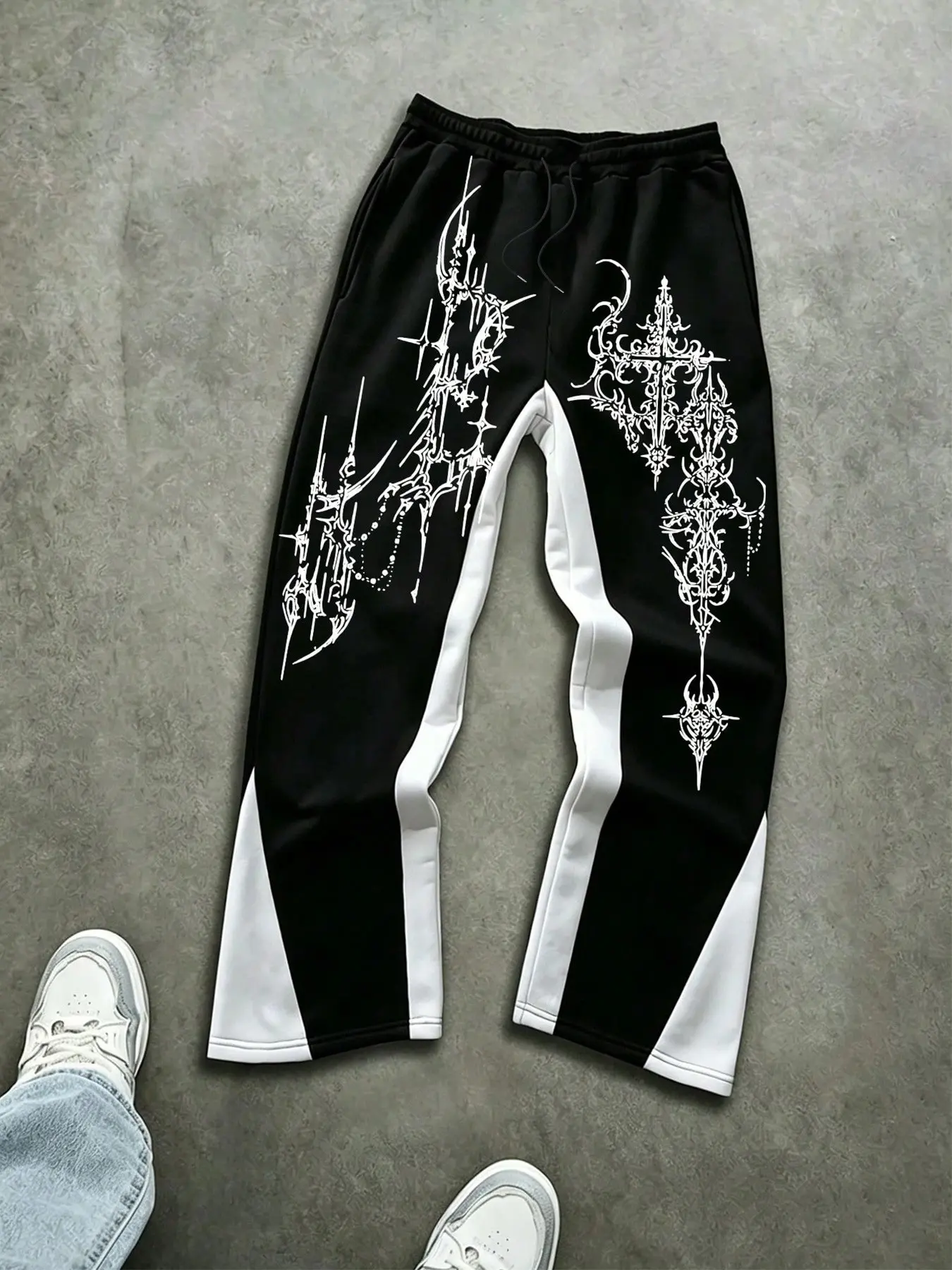 Men's Patchwork Wide Leg Sweatpants, Elastic Drawstring Waist, Gothic Tribal Cross Print, Cyberpunk Y2K Streetwear, Casual Long Pants