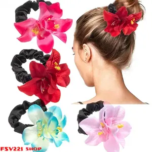 Boho Flower Scrunchies Floral Chiffon Scrunchies, Romantic Flower Hair Elastics, Large Soft Scrunchies for Women - Ideal for Beach Vacations, Bridal Hair, Summer Festivals & Daily Styling Large Scrunchy Ponytail Holders for Summer & Beach
