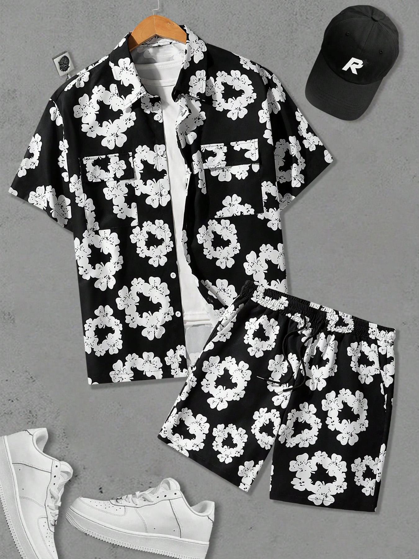 Men's Floral Print Shirt & Shorts Set, Regular Fit Casual Short Sleeve Button Top & Shorts, Men's Summer Outfits Set for Beach Vacation