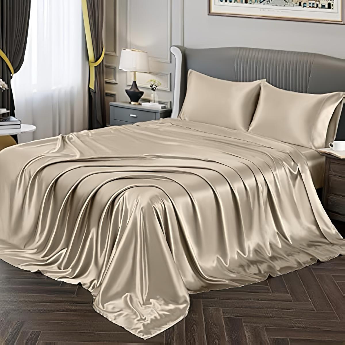 Solid Color Satin Bedding Set, 1 Count Flat Sheet & 1 Count Silky Fitted Sheet & 2 Counts Pillowcase without Filler, Soft Bedding Set for Home Bedroom, Satin Bed Sheets