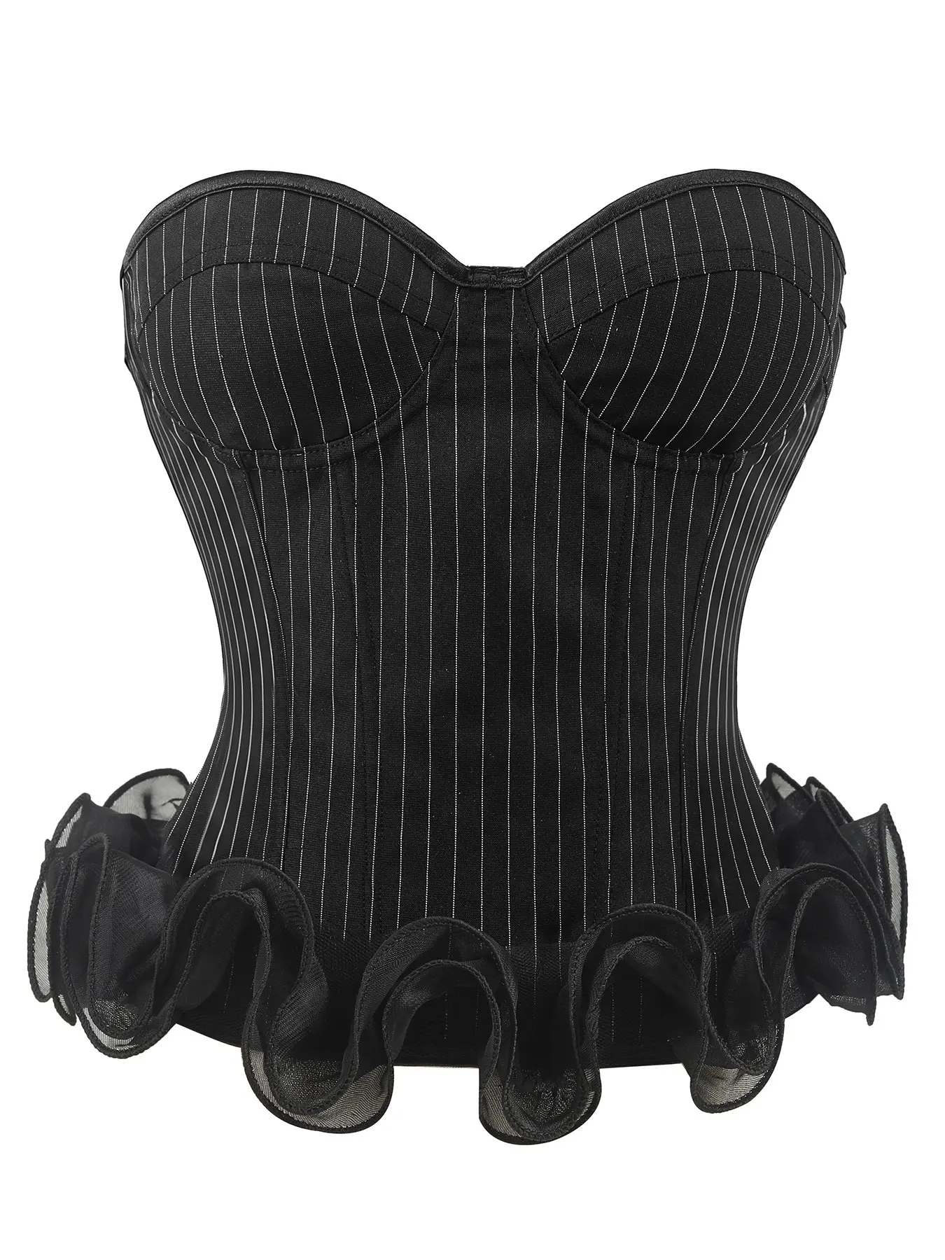 Y2K Vintage Black Stripe Strapless Bustier Steel Boned Waist Cincher Ruffle Mesh Hem Striped Shapewear Sexy Corset Top for Festival Club Date Night Outfit