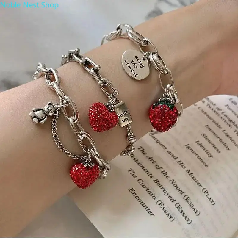 Viral Strawberry Charm Chain Bracelet for Women, Sparkly Cubic Zirconia Chunky Link Stackable Coquette Y2K Jewelry Cute Rhinestone Bangle