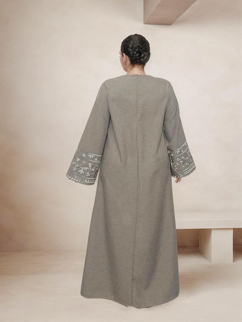 Women's Ethnic Pattern Floral Embroidery Long Sleeve Dress, Casual Round Neck Zipper Dress for Daily Wear, Ladies Islamic Clothing for All Seasons