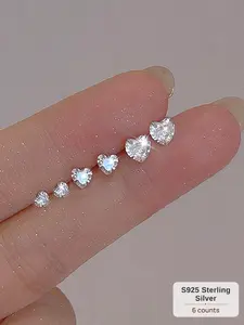 3 Pairs Waterproof S925 Sterling Silver Stud Earrings Set, Non-Tarnish Hypoallergenic Y2K Bling Rhinestone Accessories, Tarnish Free Classic Minimalist Sparkly CZ Heart Casual Vacation Hoop Drop Jewelry Trendy Gift for Her Women