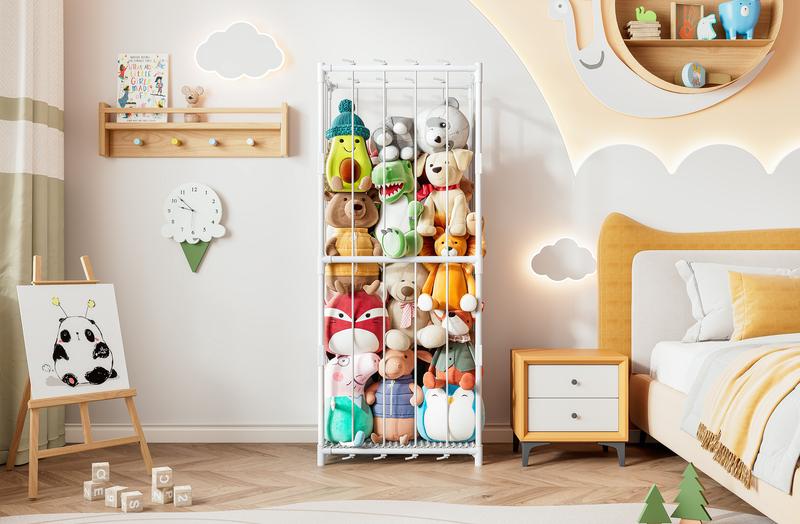 Stuffed Animal Storage Zoo Toy Organizer Corner Chest Plush PVC Material Extra Large Holder Metal Standing Space Save Vertical With Elastic For Nursery Kids Room Rack Box