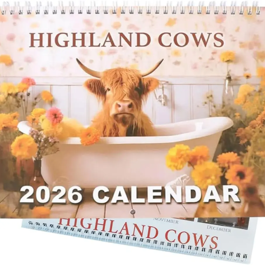 2026 Highland Cow Wall Calendar- Funny & Whimsical Highland Cattle Calendar, Animal Lovers & Home/Office Decor, 12-Month Spiral-Bound Calendar (Bathtub highland cow)