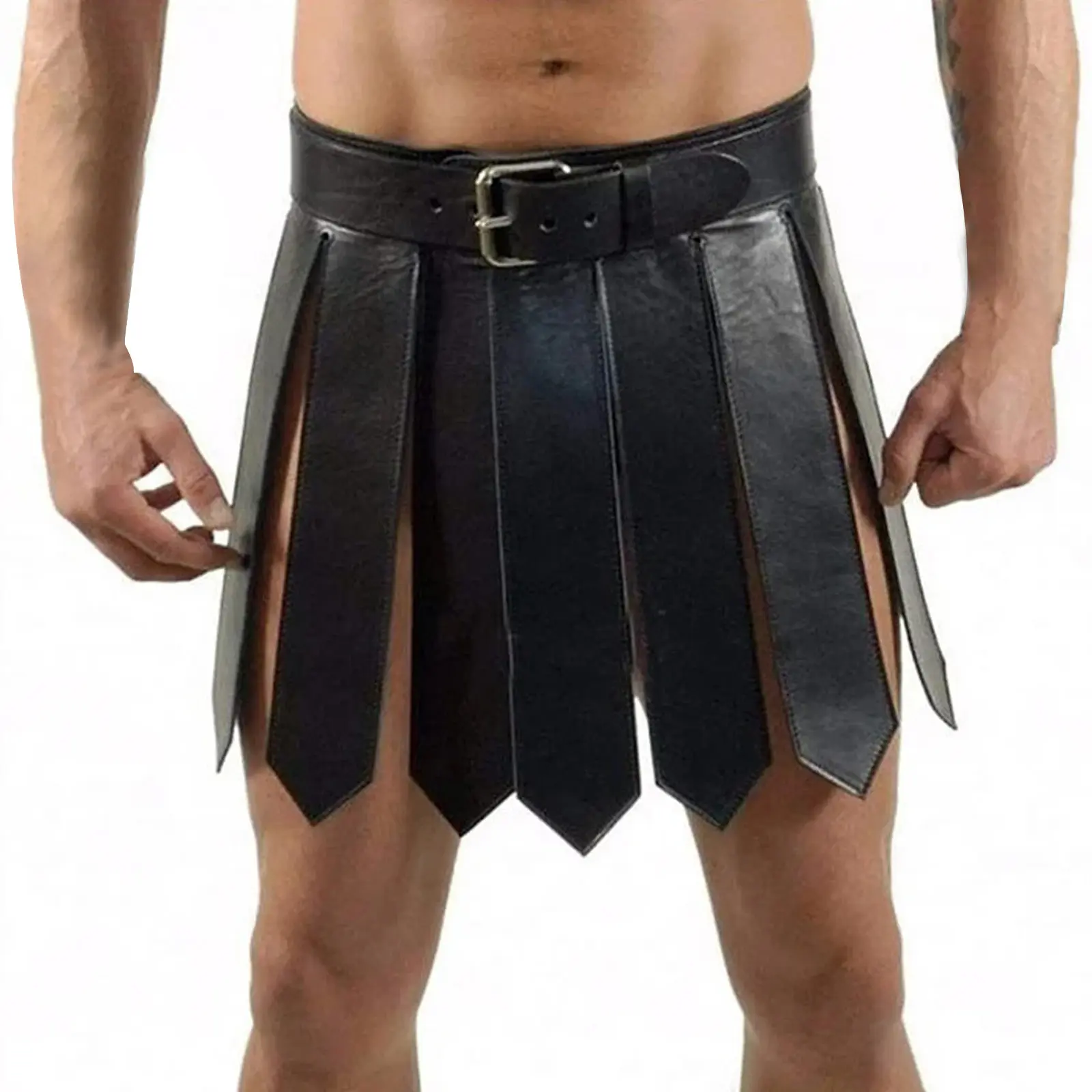 Effortless Black Leather Roman Gladiator Warrior Kilt Skirt Belt Medieval Spartan Tassel Waist Belt Adjustable Pin Buckle Halloween Cosplay Festival Costume Accessories Men