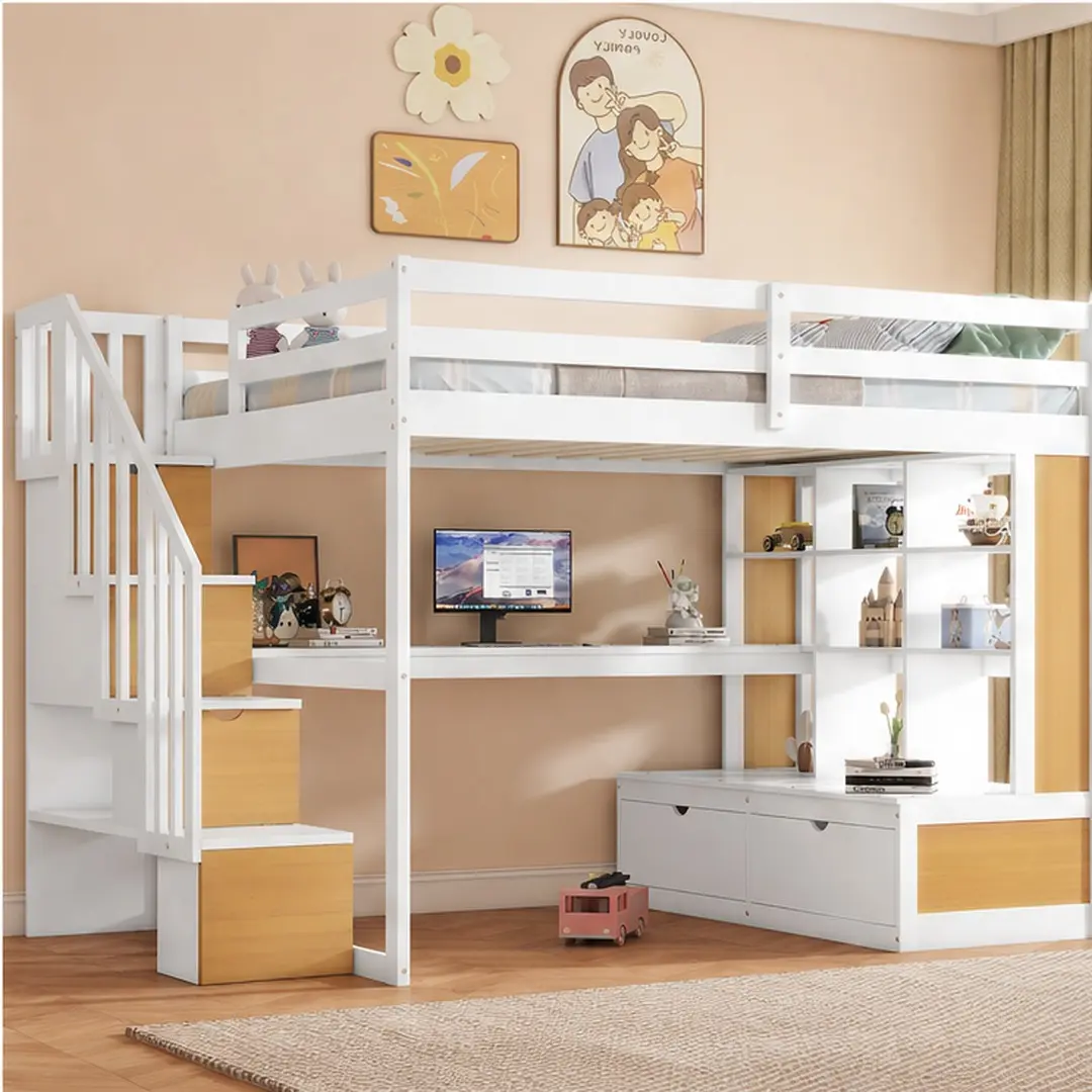 ARCH Full Size Loft Bed with Desk and Shelves, Two Built-in Drawers, Storage Staircase, Solid Wood Frame, White and Natural, No Box Spring Needed, Space-Saving Bedroom Furniture for Kids Teens, Full Size Options, Natural+White Color Options