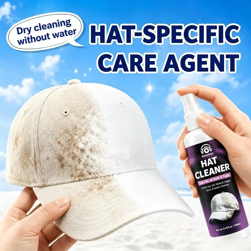 Special Cleaner for Household Hats. Removes stains quickly, features a mild formula that won't damage fabrics. Quick-drying and residue-free, it combines cleaning and maintenance functions, delivers long-lasting deodorization, and fits all types of hats.