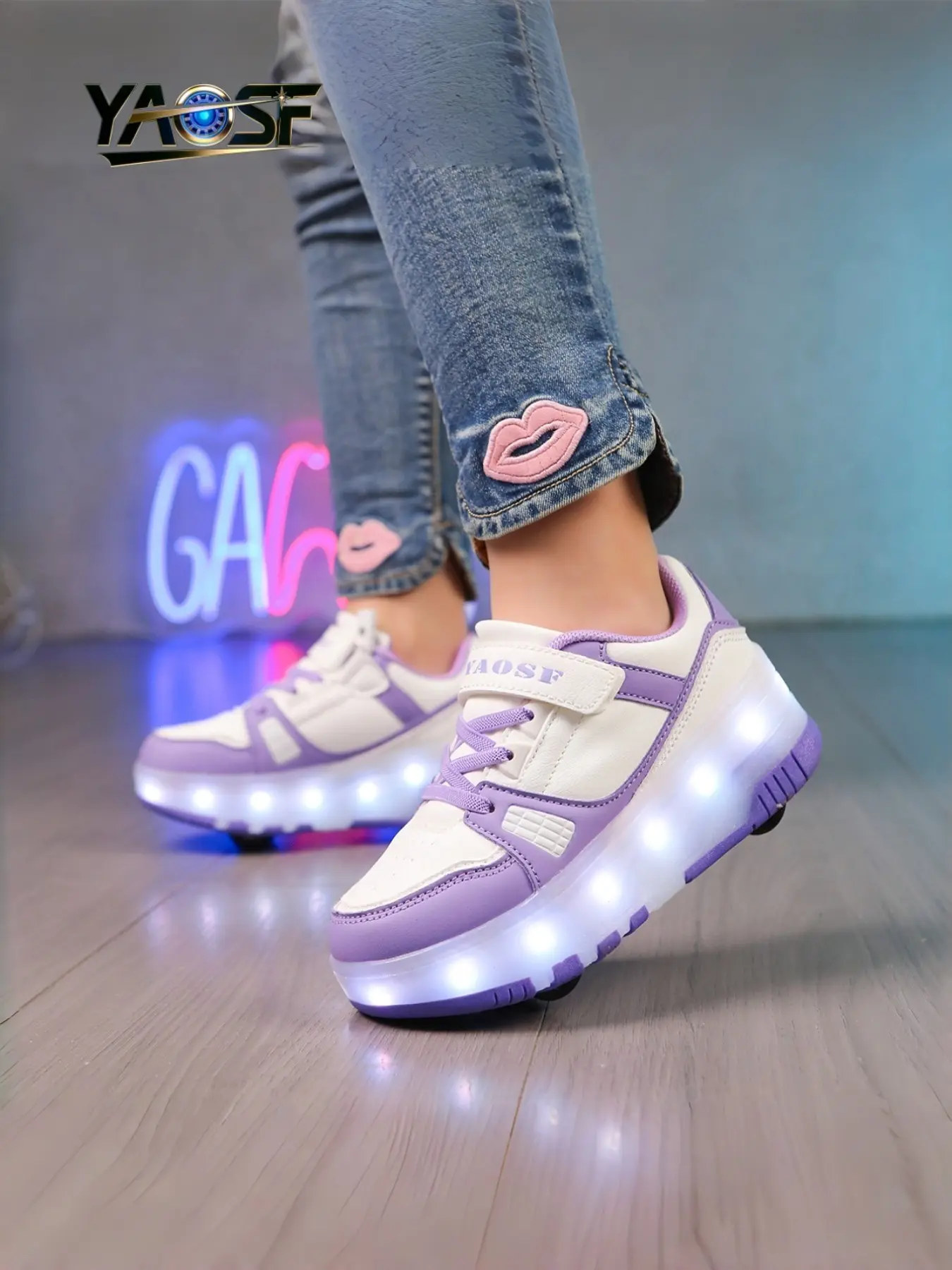 Yaosf Detachable Four-Wheel Glowing Roller Skates, RGB LED Neon Light Band, Adjustable Lights, Anti-Slip Thick Sole, Kids & Teens