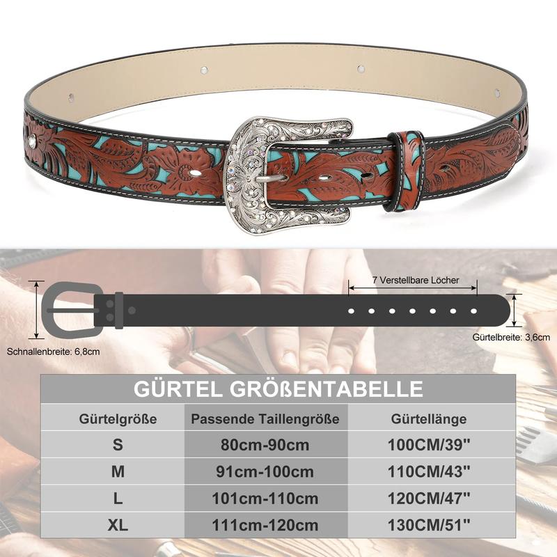 XZQTIVE Unveils Timeless Western Glamour: A Versatile, Cowboy-Inspired Leather Belt Adorned with Intricate Floral Embossing & a Captivating Rhinestone-Encrusted Turquoise Longhorn Buckle for All Boho Leaf Embossed Western Belt