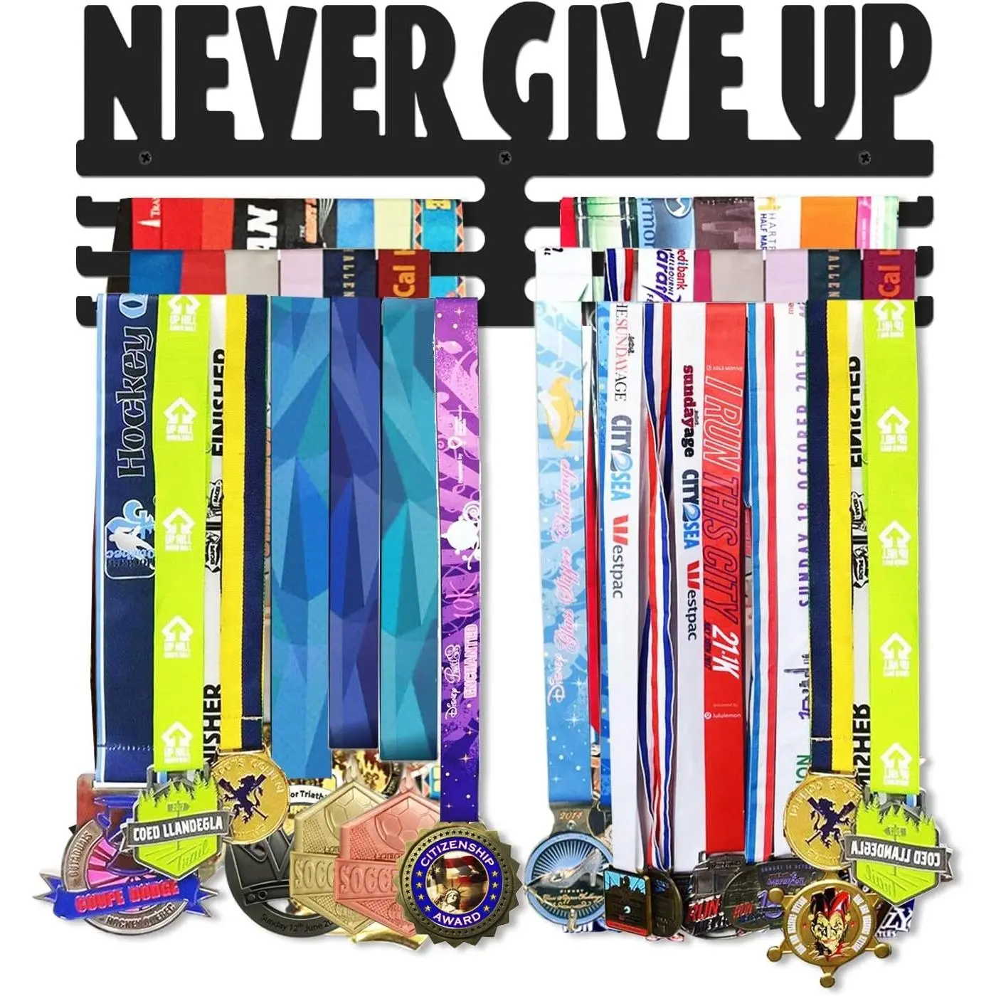 15 Inch Black 3 Lines Wall Mount Steel Medal Hanger Holder Display Rack Holds Over 60 Medals Sports Medal Storage Organizer with Easy Hanging Bars