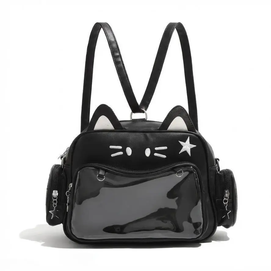 Cute PU Leather Cat Ita Backpack for Girls, Clear Window Pin Display Y2K Preppy Bag, Spacious Daypack Ideal for School Anime Events & Everyday Casual Daily Use, Youth, Female