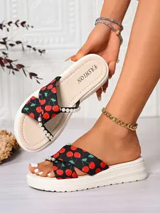 2026 Summer Fruit Print Cross Strap Thick Sole Sandals, Open Toe Breathable Cooling Flip Flops, Soft Insole Comfort Shoes