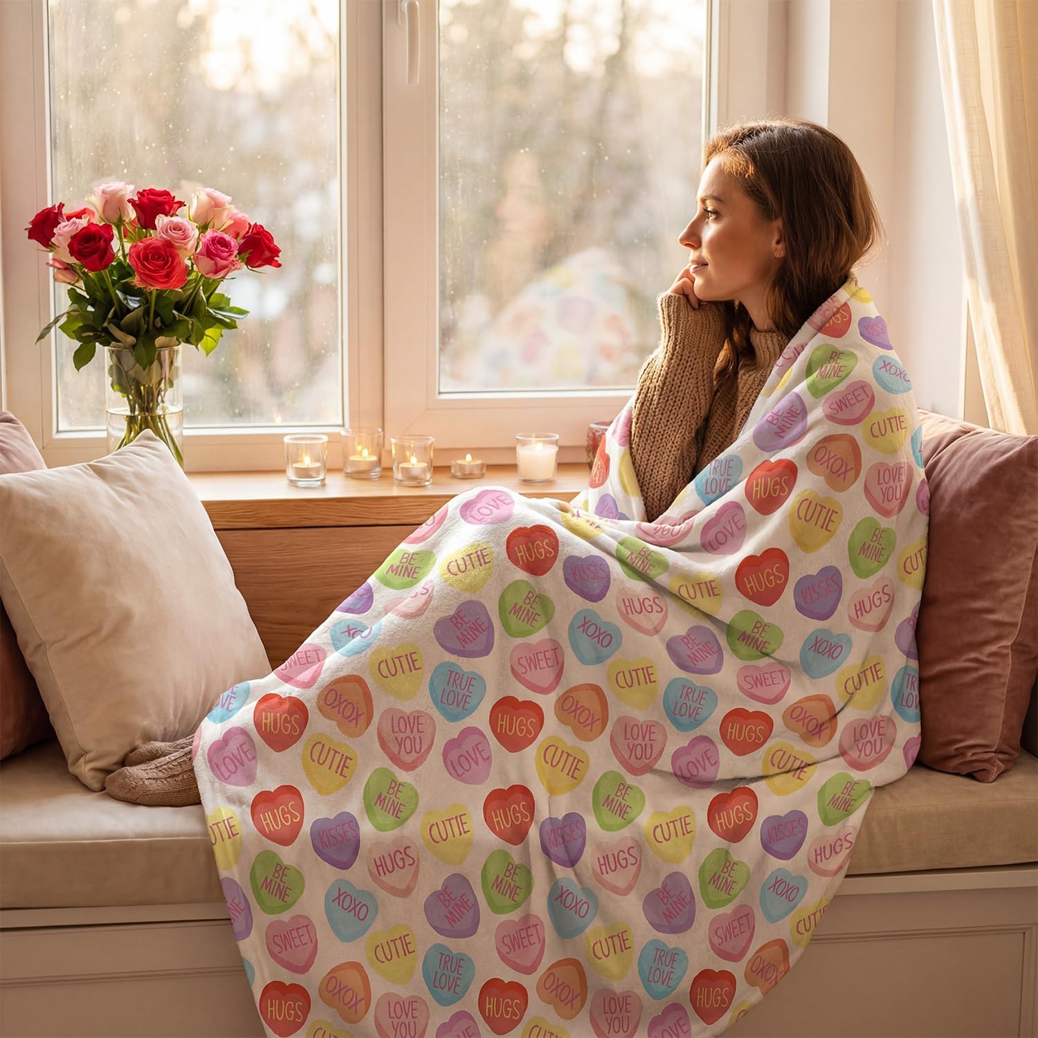 Valentine Flannel Blanket Throw, Pink Hearts with Words Soft Fuzzy Plush Cozy Fleece Blankets for Couch Sofa Bed Lounging, Ideal Gifts for Kids Adults Wife Self, 50x60