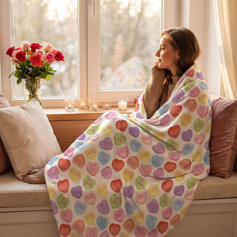 Valentine Flannel Blanket Throw, Pink Hearts with Words Soft Fuzzy Plush Cozy Fleece Blankets for Couch Sofa Bed Lounging, Ideal Gifts for Kids Adults Wife Self, 50x60