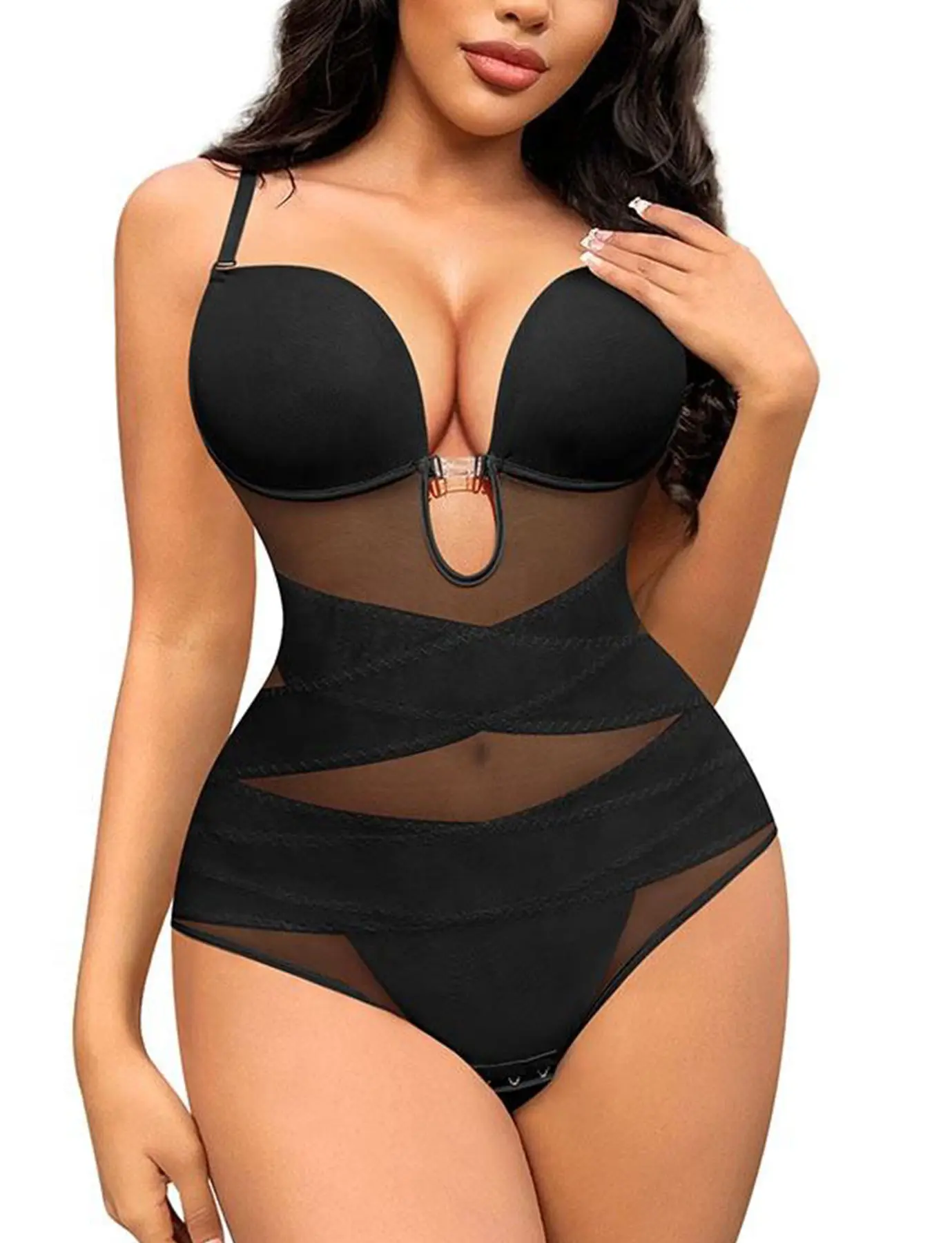 Women Sexy Deep V Open Back Mesh Bodysuit Tummy Control Built in Cup Soft Underwire