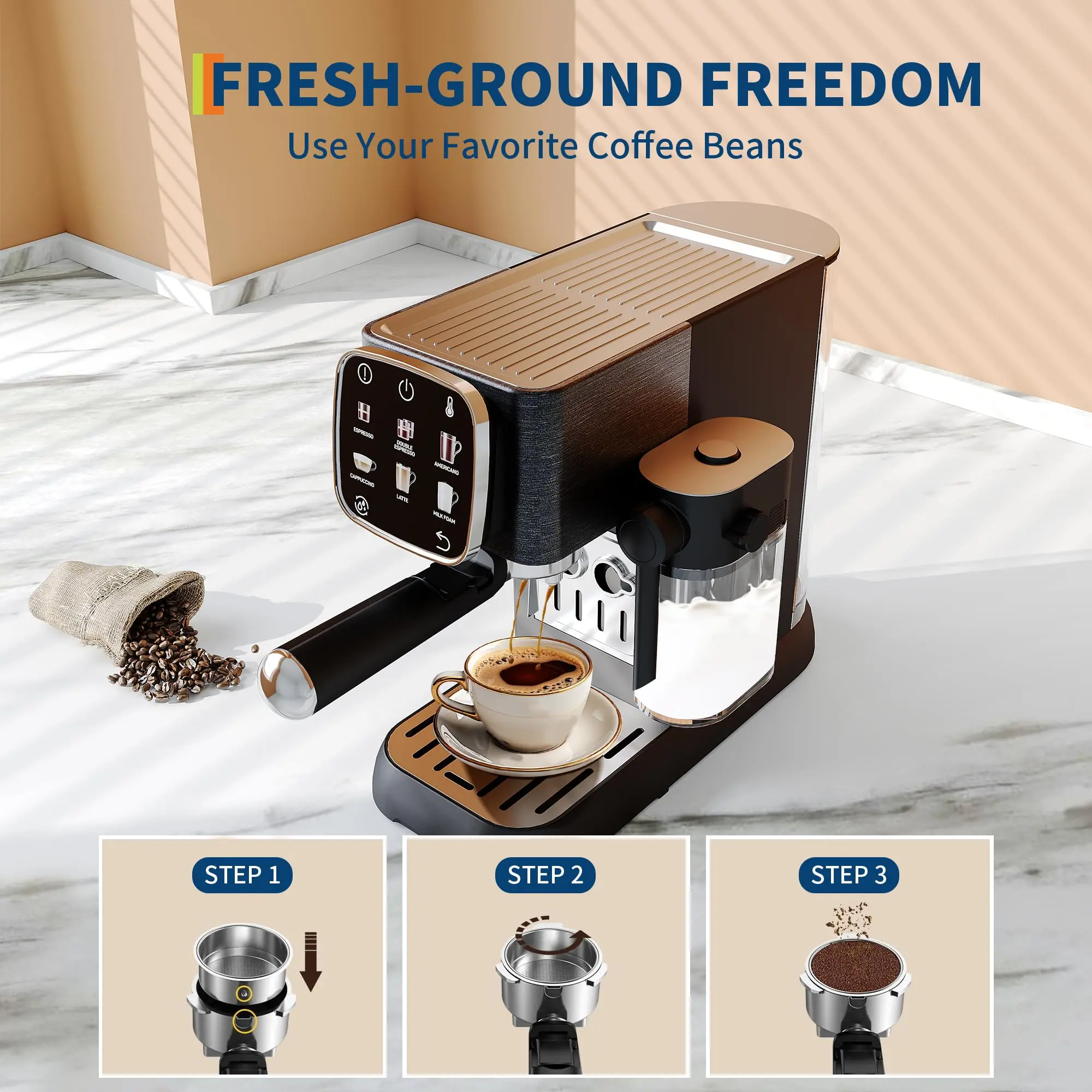 20Bar Espresso Machine with Milk Frother, Semi-Auto Coffee Maker for Home Barista, Stainless Steel, Touchscreen Control, 3 Temp Settings, One-Touch Cleaning, Cappuccino Latte Maker