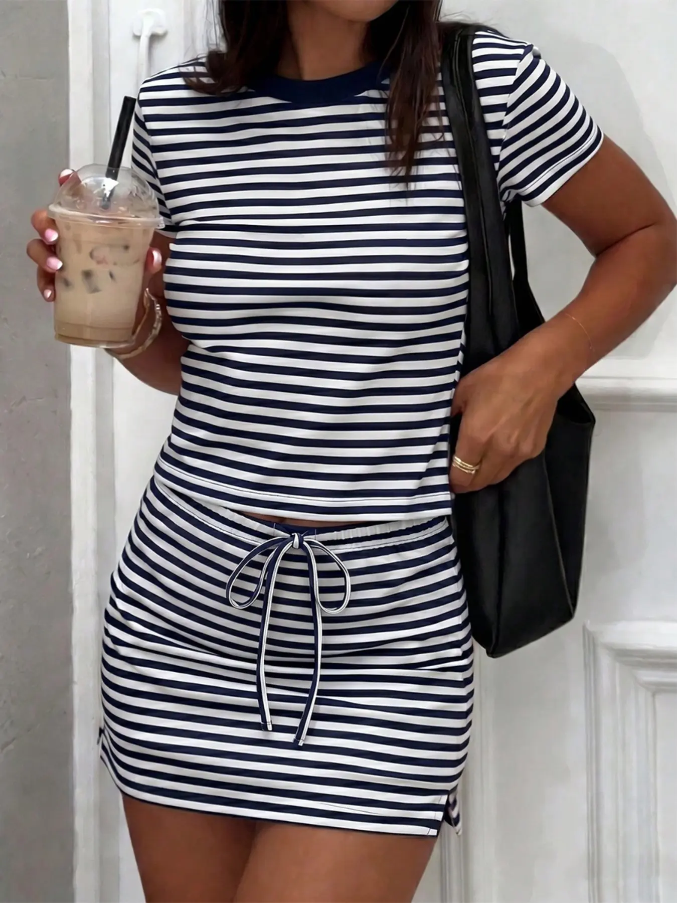 Striped Short Sleeve T-Shirt and Skirt Set Women Everyday Casual Fashion Daily Outfit Sexy Skirt Sets