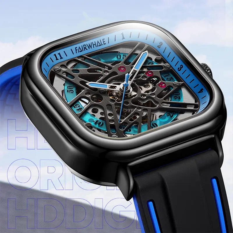 MARK FAIRWHALE Men’s Automatic Mechanical Drive Watch - Square Skeleton Dial, Silicone Strap, Casual Wear Compatible, Model FW-6410-R1, Skeleton Face, Automatic Drive, No