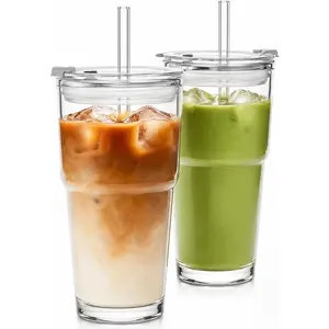 20oz Glass Tumbler with Lid and Straws,  Ice Coffee Cups, to Go Drinking Glasses for Water, Smoothie, Matcha, Iced  Fruit Juice, Hot and Cold Beverages, Clear, Set of 2