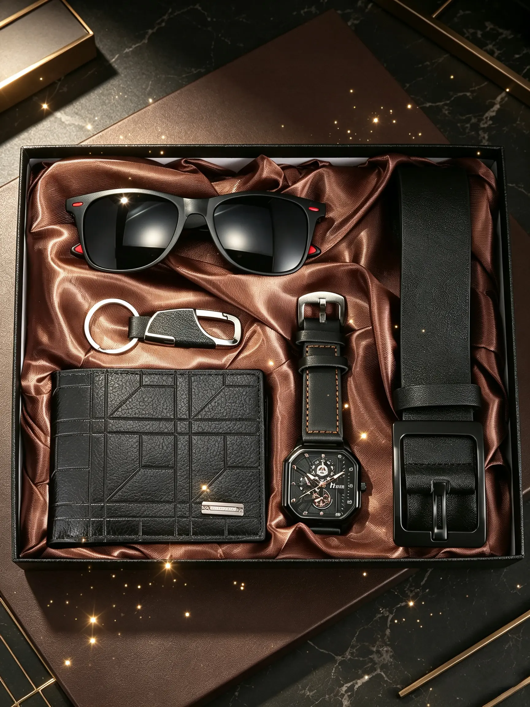 Men's 5-Piece Gift Set, Men Accessories, Complete Accessories Set, Square Quartz Watch, Belt, Wallet, Sunglasses, Keychain, Business Gifts, Father's Day, Christmas, Valentine's Day