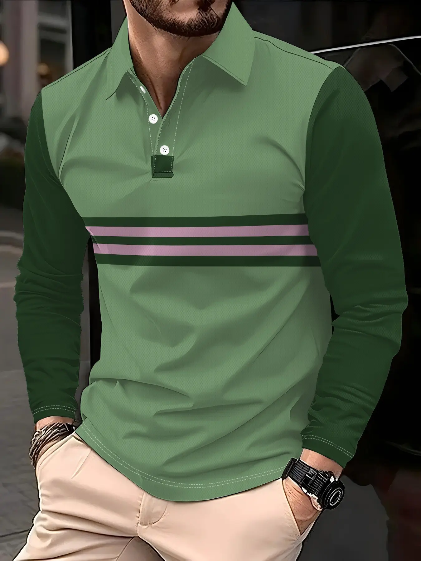 Men's collar long sleeved polo shirt with contrasting stitching details, simple and lightweight business attire