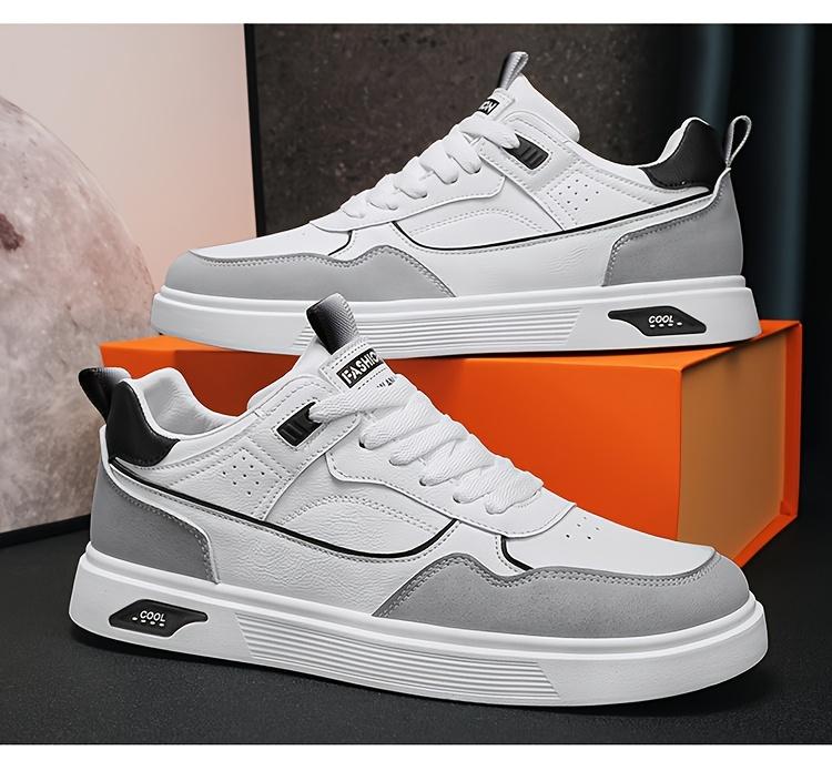 2024 Men's Low-top Skate Shoes - White and Gray Casual Lace-up Sneakers, Durable PU Upper and PVC Sole, Comfortable Insole, Suitable Casual Wear