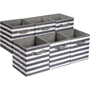 Collapsible Fabric Storage Bins with Handles, Cube Organizer for Home Organization, 10.5"x10.5"x11", White/Light Grey Stripe, 6-Pack