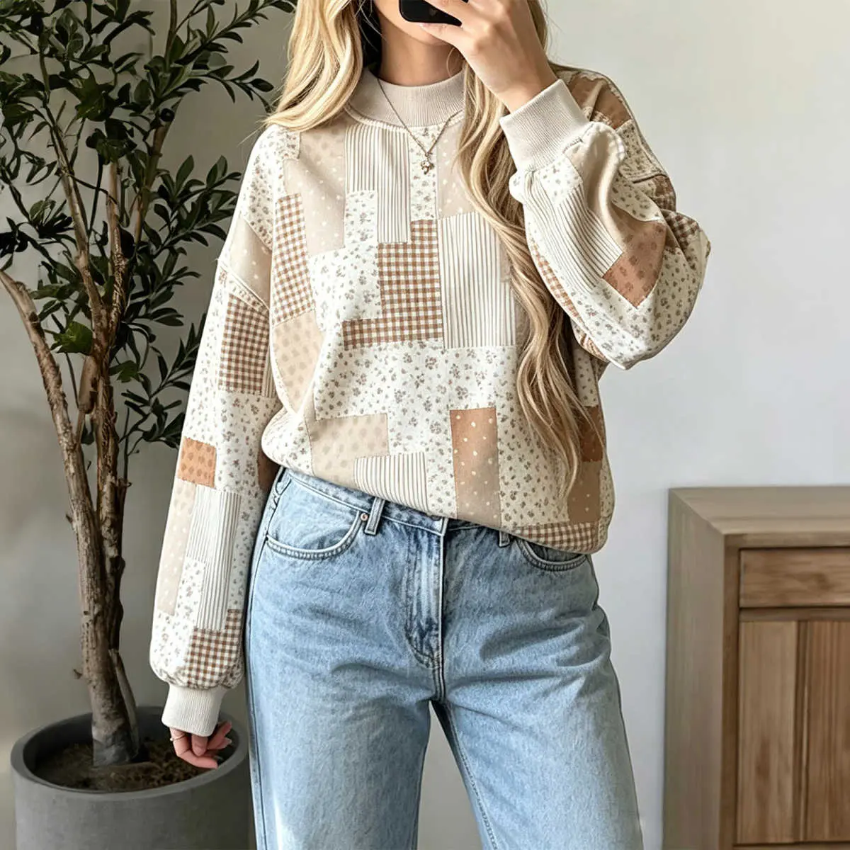 Khaki Patchwork Floral Print Mock Neck Long Sleeve Sweatshirt