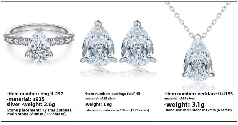 Inlaid with large artificial gemstones, S925 sterling silver jewelry set of three rings, women's ring, pear-shaped zircon earrings, teardrop necklace.The sparkling gemstones showcase a noble temperament, suitable for evening parties