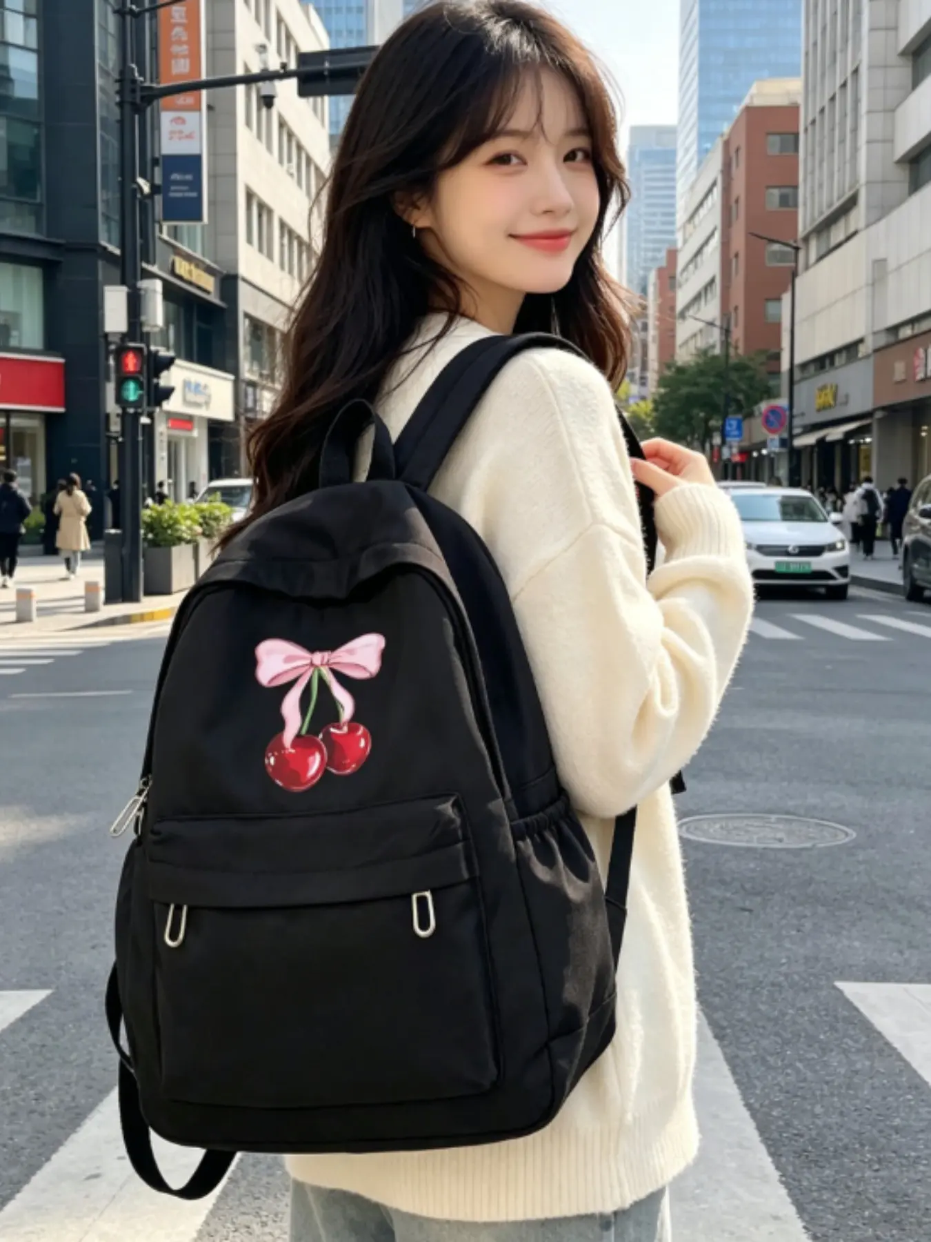 Cartoon Butterfly Cherry Print Kids Backpack, Large Capacity Laptop Bag, Casual All-Season School Bag, Unisex Travel Gift, Casual Printed Backpack