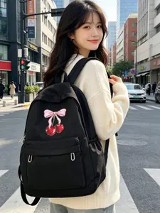 Cartoon Butterfly Cherry Print Kids Backpack, Large Capacity Laptop Bag, Casual All-Season School Bag, Unisex Travel Gift, Casual Printed Backpack