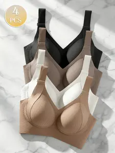 Women's 4 Pack Everyday Comfort Bra Collection, Wireless Seamless Construction, Ribbed Texture Design, Adjustable Straps, Lightweight Stretch Fabric, Gentle Support for Modern Daily Lifestyle