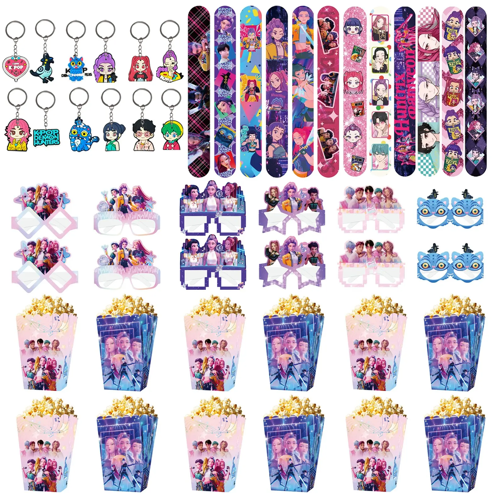 4-piece Korean cartoon girl group birthday party photo prop gift set, including 12 bracelets, 12 keychains, 12 party decoration glasses, and 12 snack popcorn boxes, perfect for capturing atmospheric photos anytime.