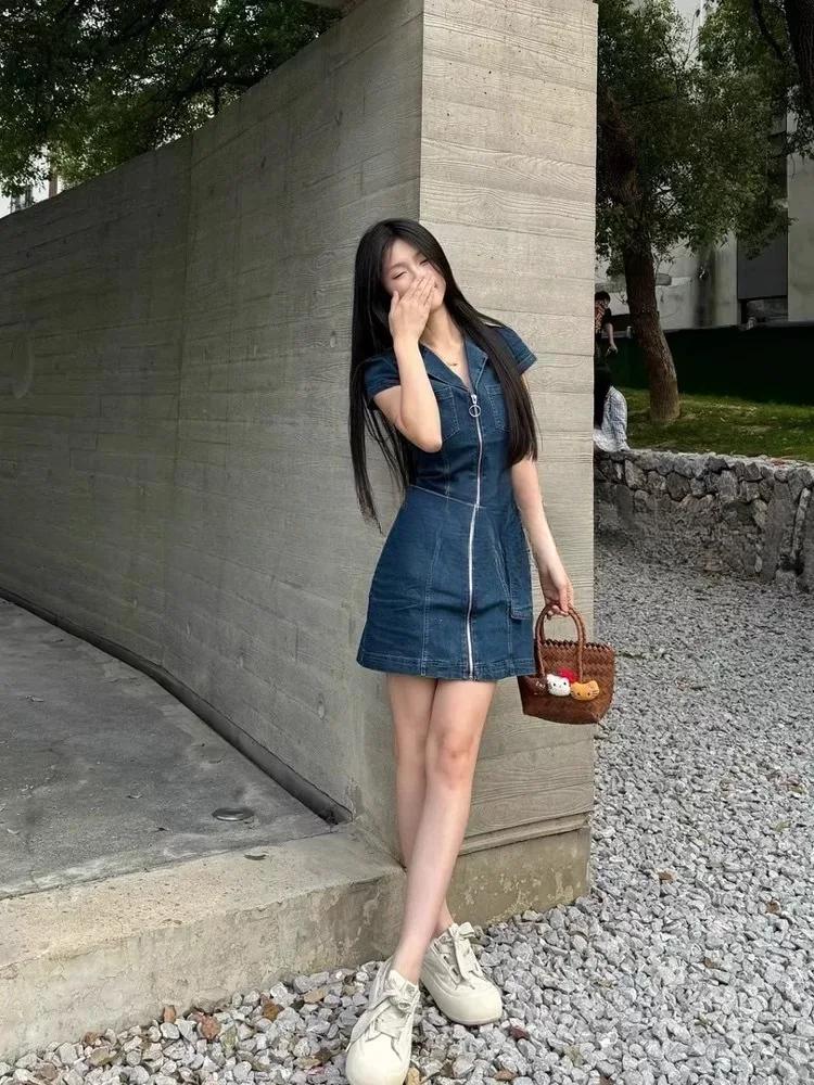 American Retro Black Denim Short Dress Women Summer Zipper Elegant Slim One Piece Dress Korean Fashion Design Casual Clothing
