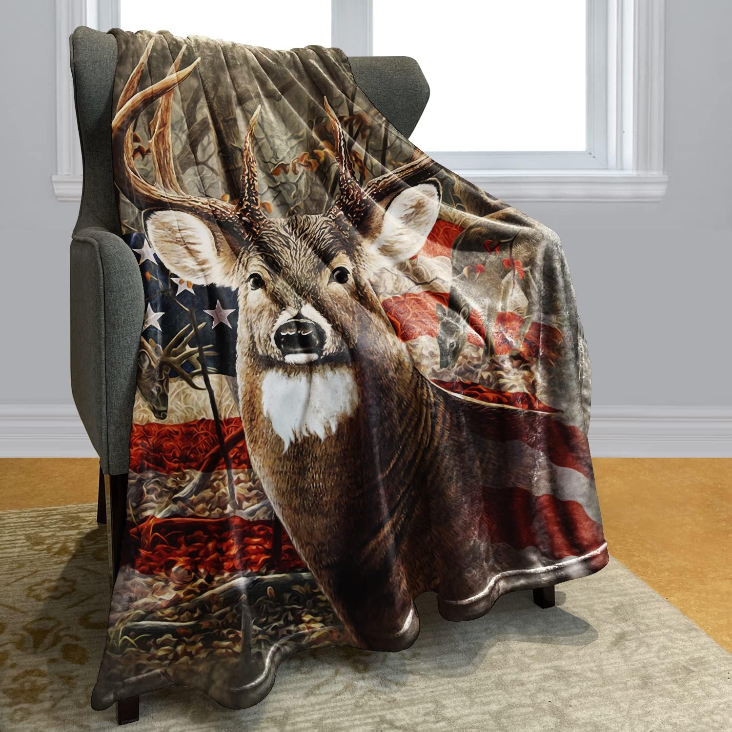 Deer & Flag Pattern Flannel Camping Blanket, Soft Warm Throw Blanket, Air-conditioned Room Blanket, Bedding Supplies for Home Office Travel