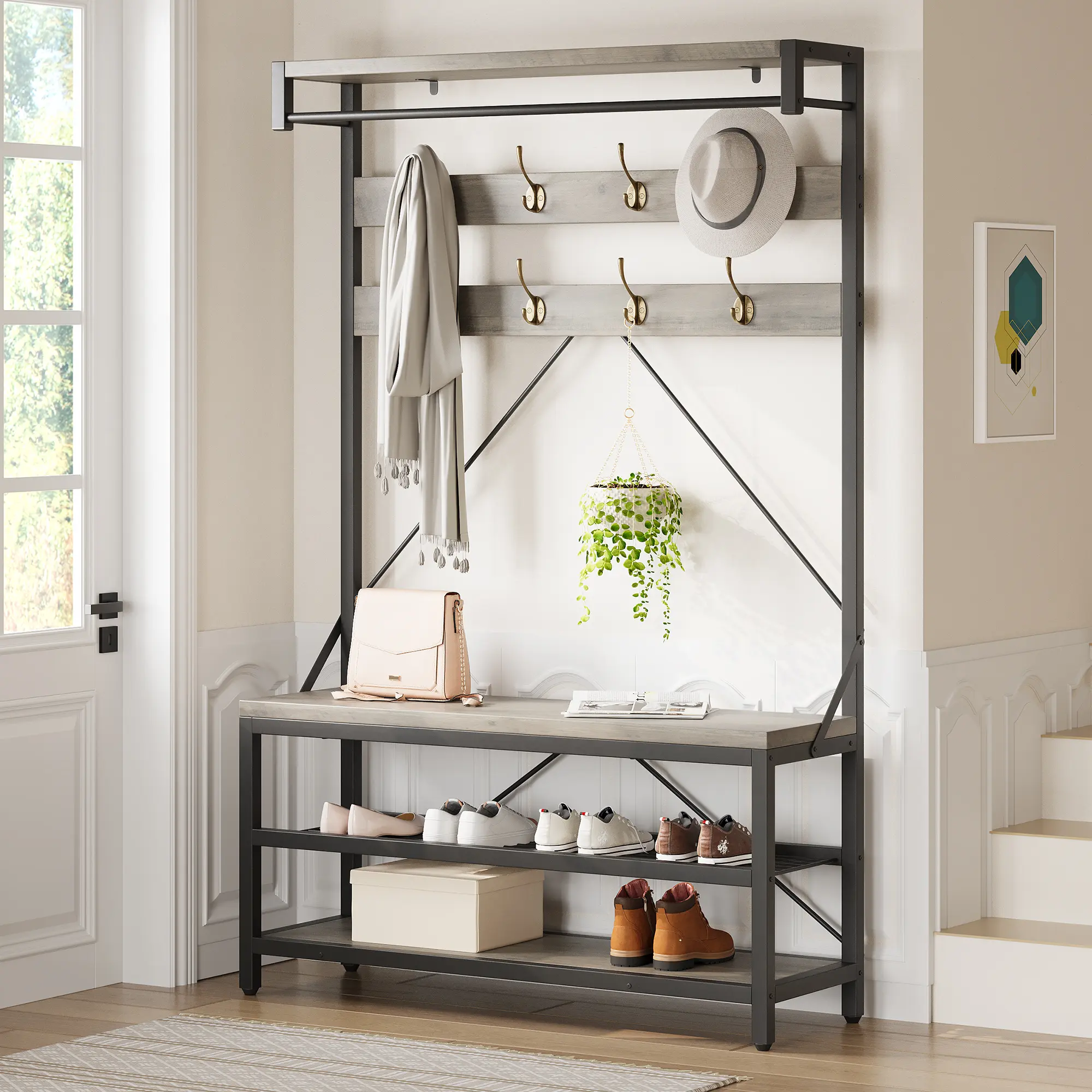 39.9" Hall Tree Coat Rack Shoe Bench with 8 Hooks, Large 72" H Entryway Organizer Storage Shelf, Freestanding Clothes Hanging Stand Tower Metal Wood Board Mudroom Hallway Living Room Furniture