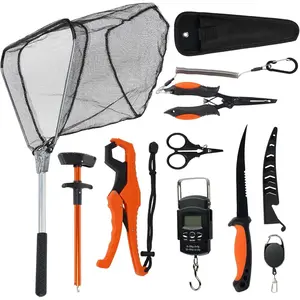 9 Pcs All In One Fishing Tool Combo Kit| Fishing Pliers with Lanyard & Protective Sheath, Landing Net, Fish Gripper, Fillet Knife, Fish Scale| Complete Fishing Accessories Gear Set for Anglers Freshwater Saltwater
