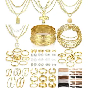 137 Pieces Gold Jewelry Set for Women, 12 Necklace, 14 Bracelet, 21 Earrings, 24 Knuckle Rings, 66 Hair Accessory Gold Plated Jewelry Set for Women Gift