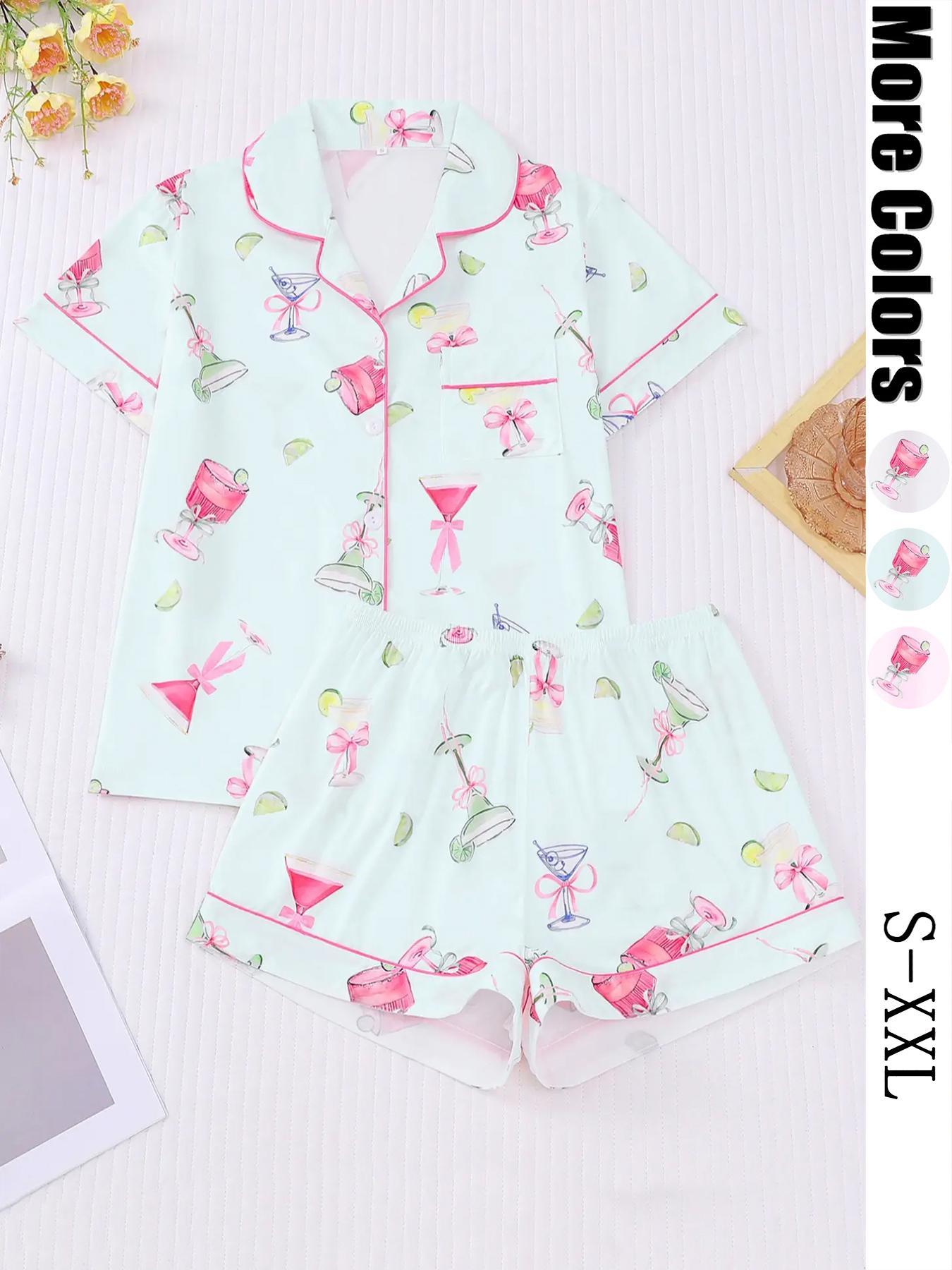 Women's All Over Cocktail Print Button Front Shirt & Elastic Waist Shorts Pyjama, Casual Comfy Short Sleeve Top & Shorts PJ Set, Ladies Sleepwear for All Seasons, Loungewear, Sleepwear Pajamas Set